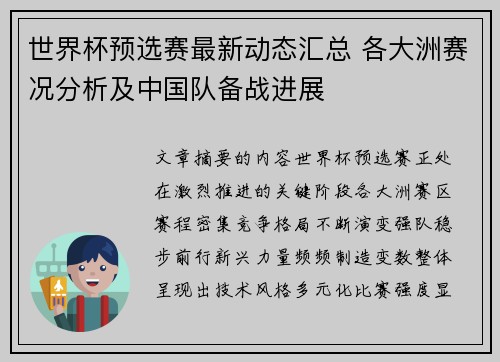 世界杯预选赛最新动态汇总 各大洲赛况分析及中国队备战进展