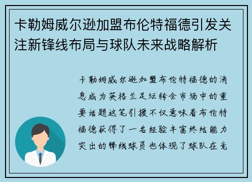 卡勒姆威尔逊加盟布伦特福德引发关注新锋线布局与球队未来战略解析
